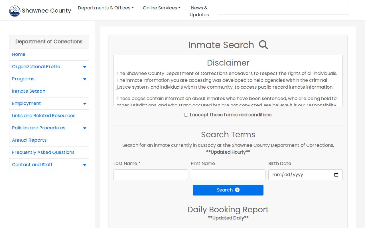Redacted Shawnee County official inmate search interface