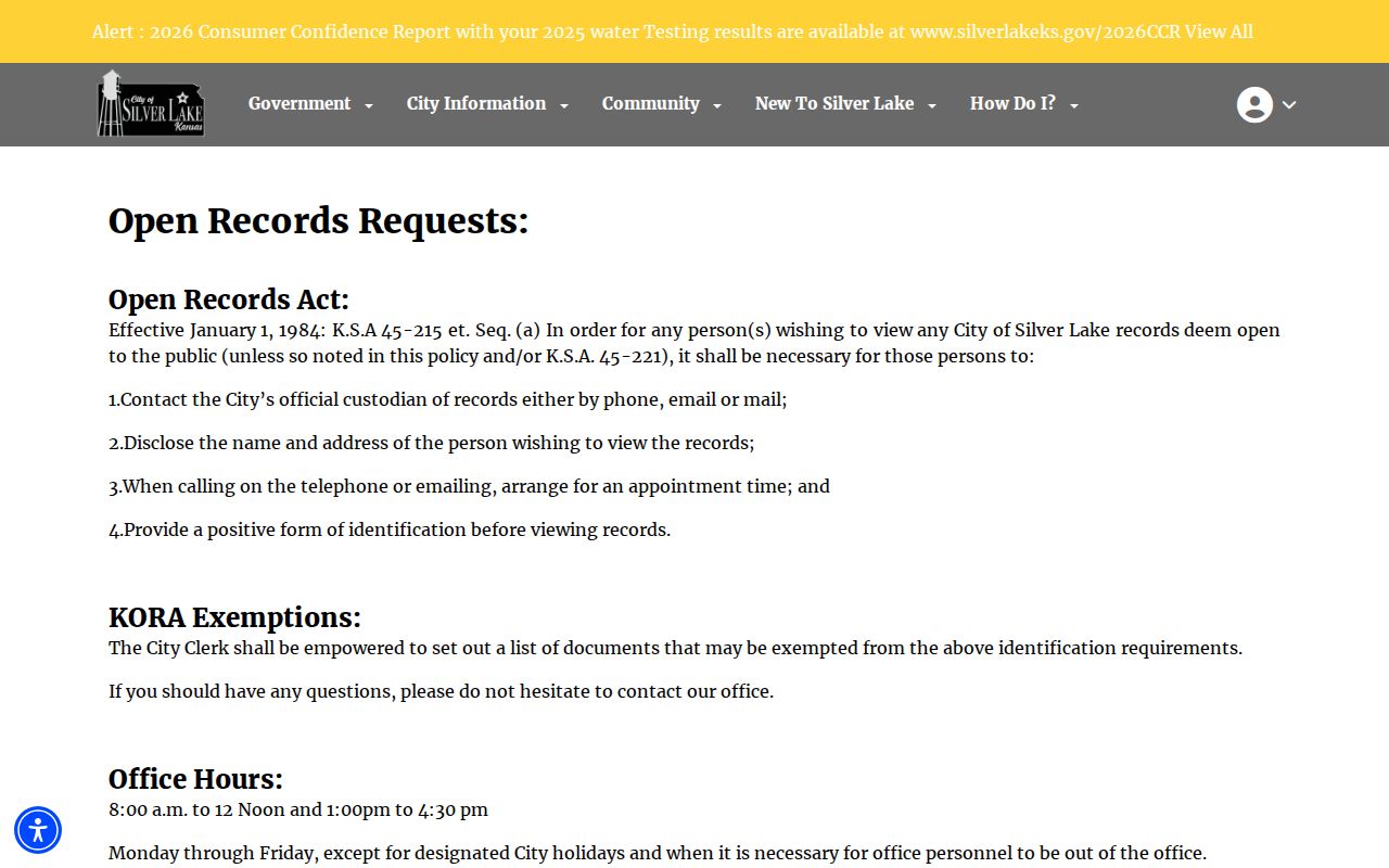 Silver Lake Kansas open records request policy for police records