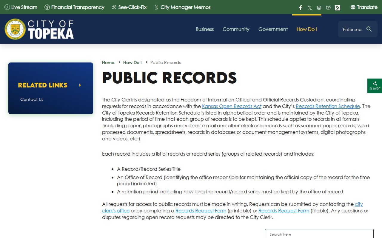 Topeka police and public records request page for arrest records